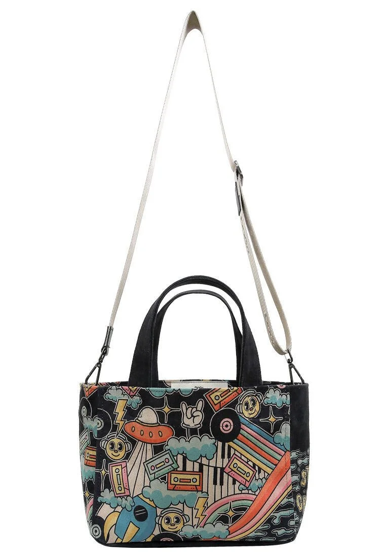 Kadın Vegan Siyah Medium Tote Bag - Stay Groovy Tasarım