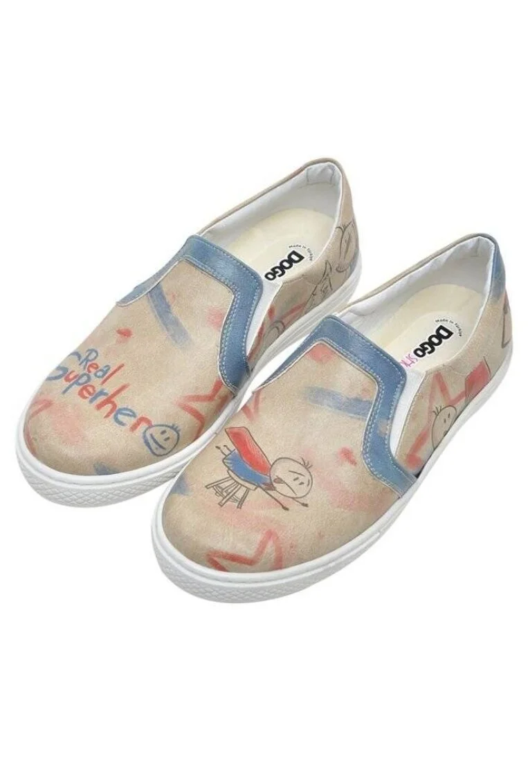 Kids Vegan Leather Beige Slip On Sneakers - Superhero Boys Design