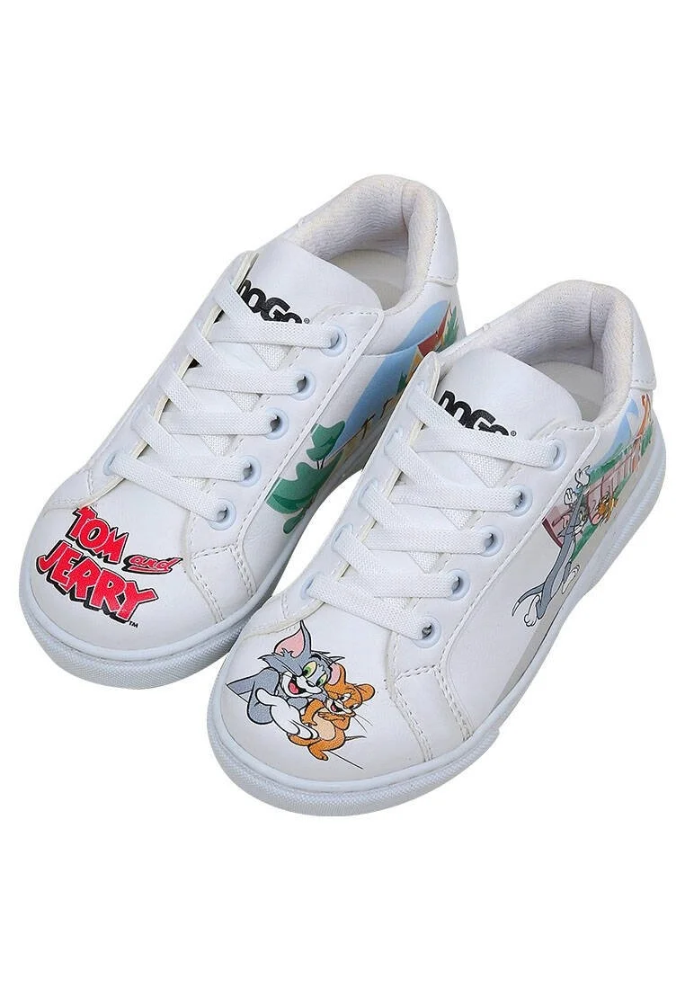 Enfants Cuir Vegan Blanc Baskets - Warner Bros Tom et Jerry Together-and-Apart Motif
