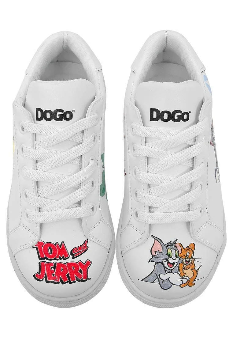 Enfants Cuir Vegan Blanc Baskets - Warner Bros Tom et Jerry Together-and-Apart Motif
