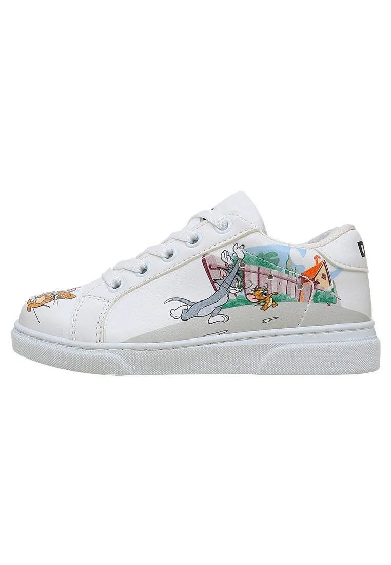Enfants Cuir Vegan Blanc Baskets - Warner Bros Tom et Jerry Together-and-Apart Motif