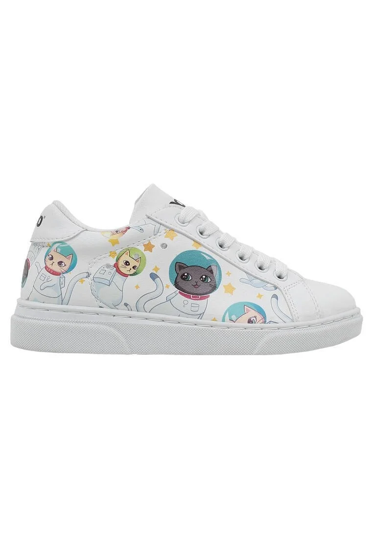 Unisex Kids Vegan Leather White Sneakers - Cats of Space Design