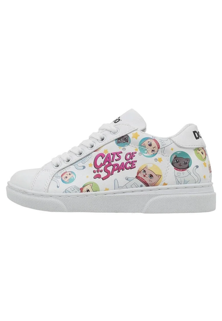 Unisex Kids Vegan Leather White Sneakers - Cats of Space Design