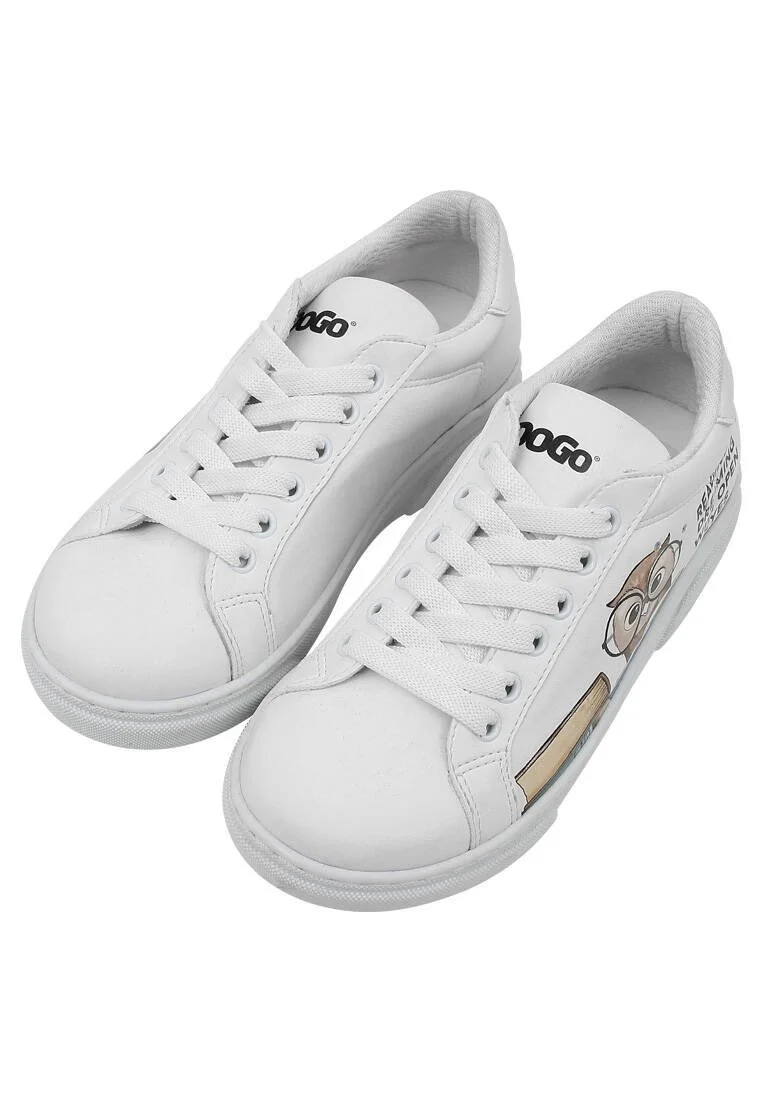 Unisex Kids Vegan Leather White Sneakers - The Wise Owl Design