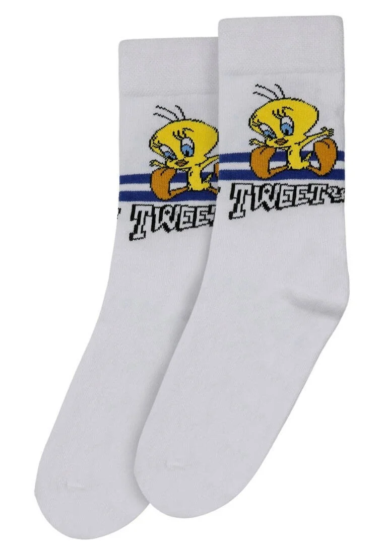 Unisex Vegan Beyaz Çorap - Warner Bros Tweety Stripes Tasarım