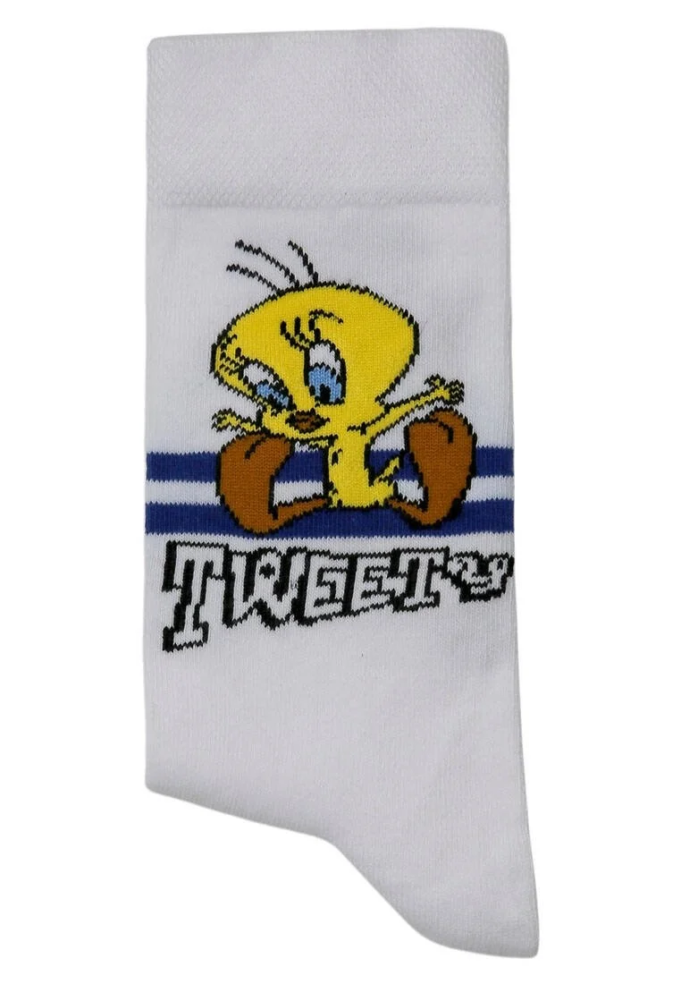 Unisex Vegan Beyaz Çorap - Warner Bros Tweety Stripes Tasarım
