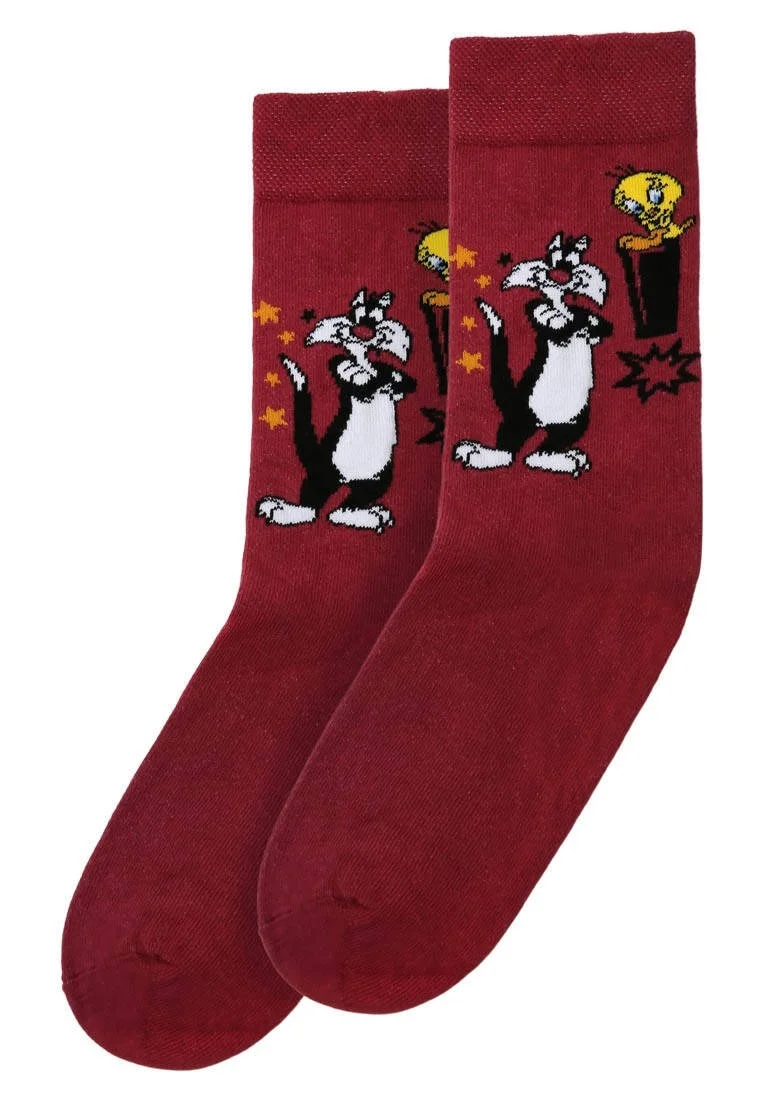 Unisex Vegan Red Socks - Warner Bros Best of Tweety and Sylvester Design