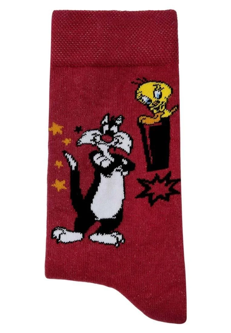 Unisex Vegan Red Socks - Warner Bros Best of Tweety and Sylvester Design