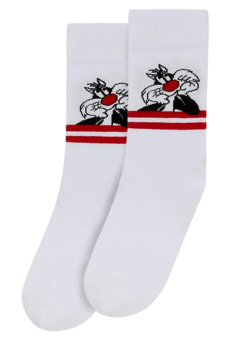 Unisex Vegan White Socks - Warner Bros Sylvester Stripes Design
