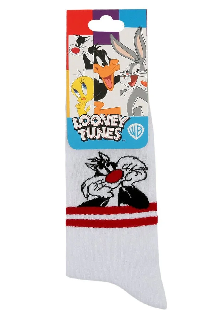 Unisex Vegan White Socks - Warner Bros Sylvester Stripes Design