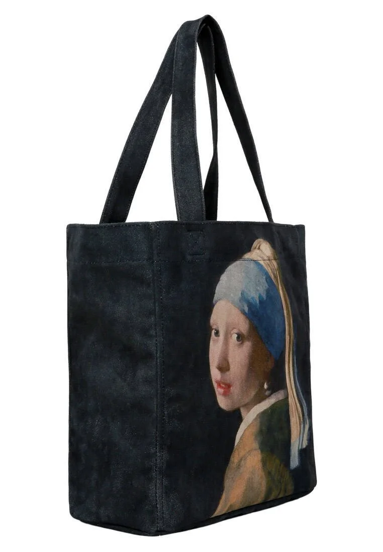 Women Vegan Black Large Tote Bag - Girl with a Pearl Earring Design
