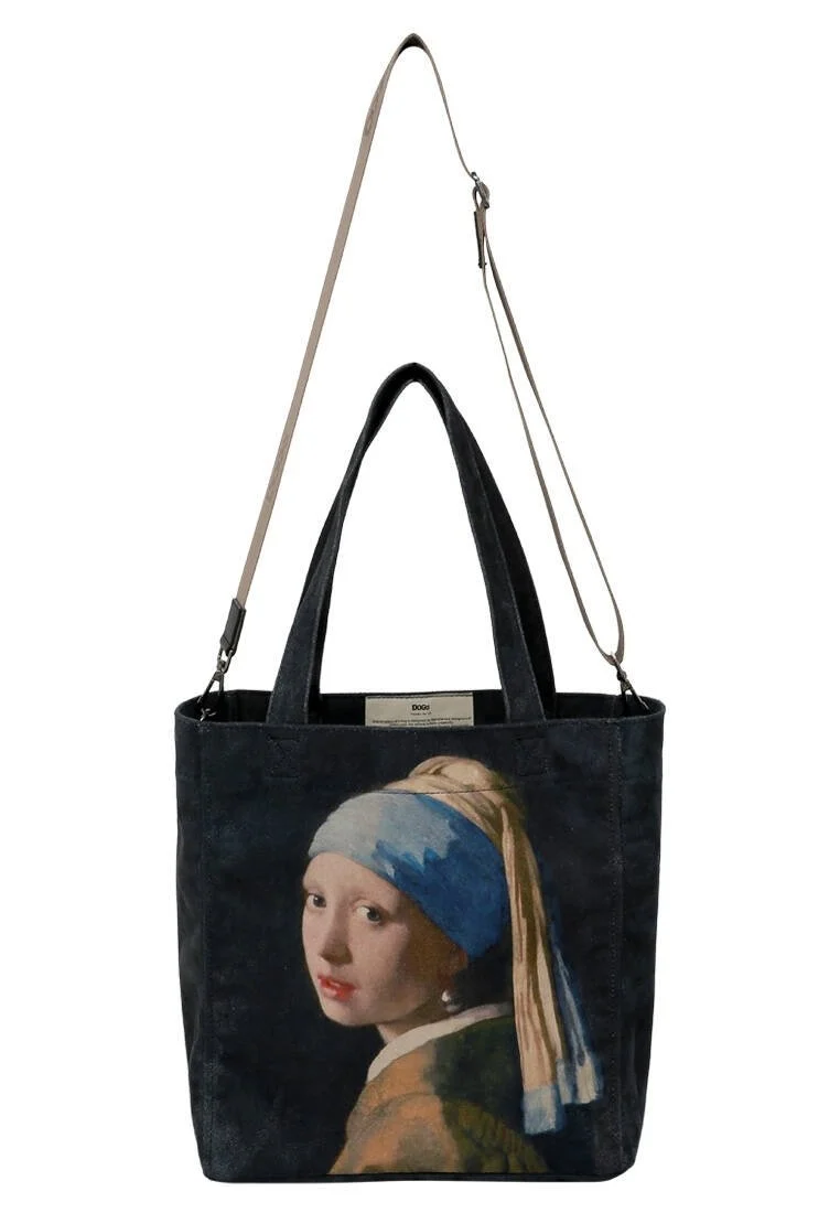 Women Vegan Black Large Tote Bag - Girl with a Pearl Earring Design