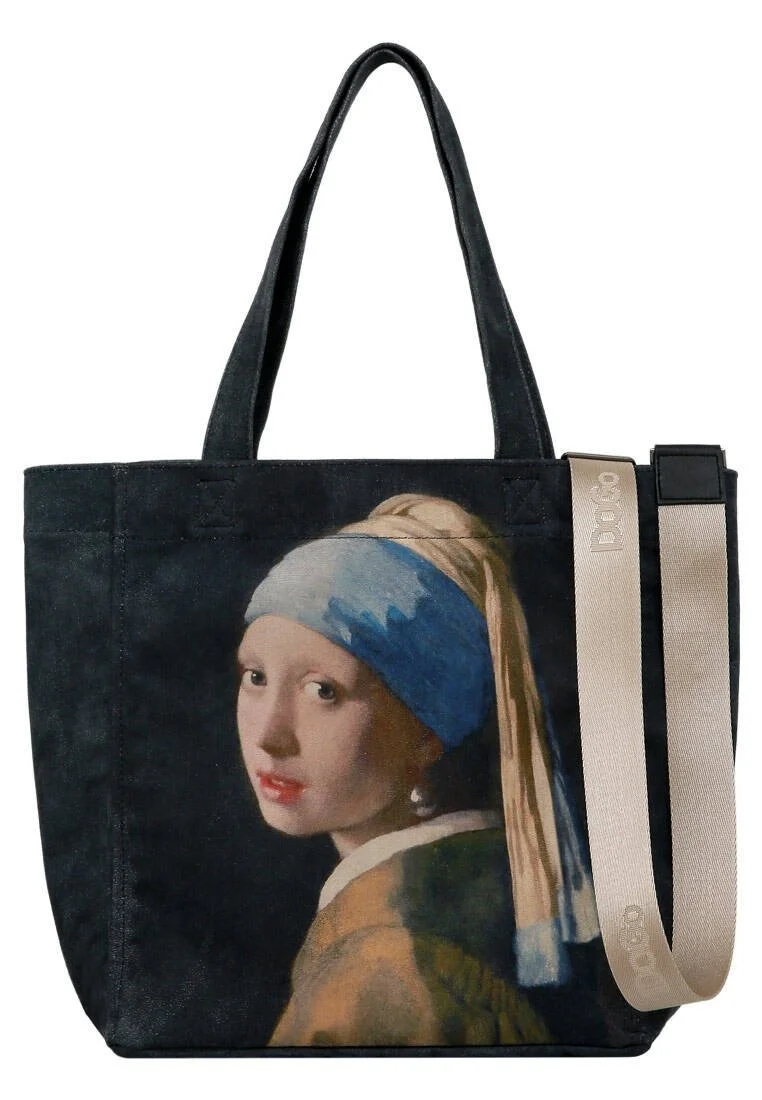 Women Vegan Black Large Tote Bag - Girl with a Pearl Earring Design