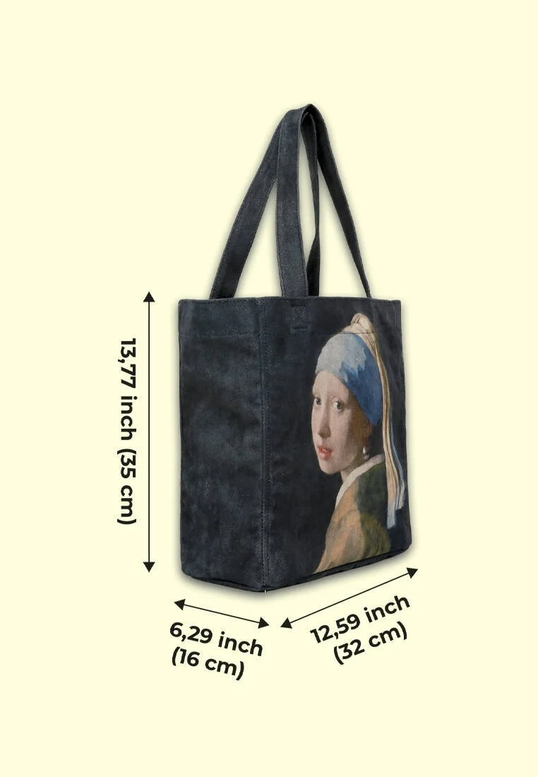 Women Vegan Black Large Tote Bag - Girl with a Pearl Earring Design