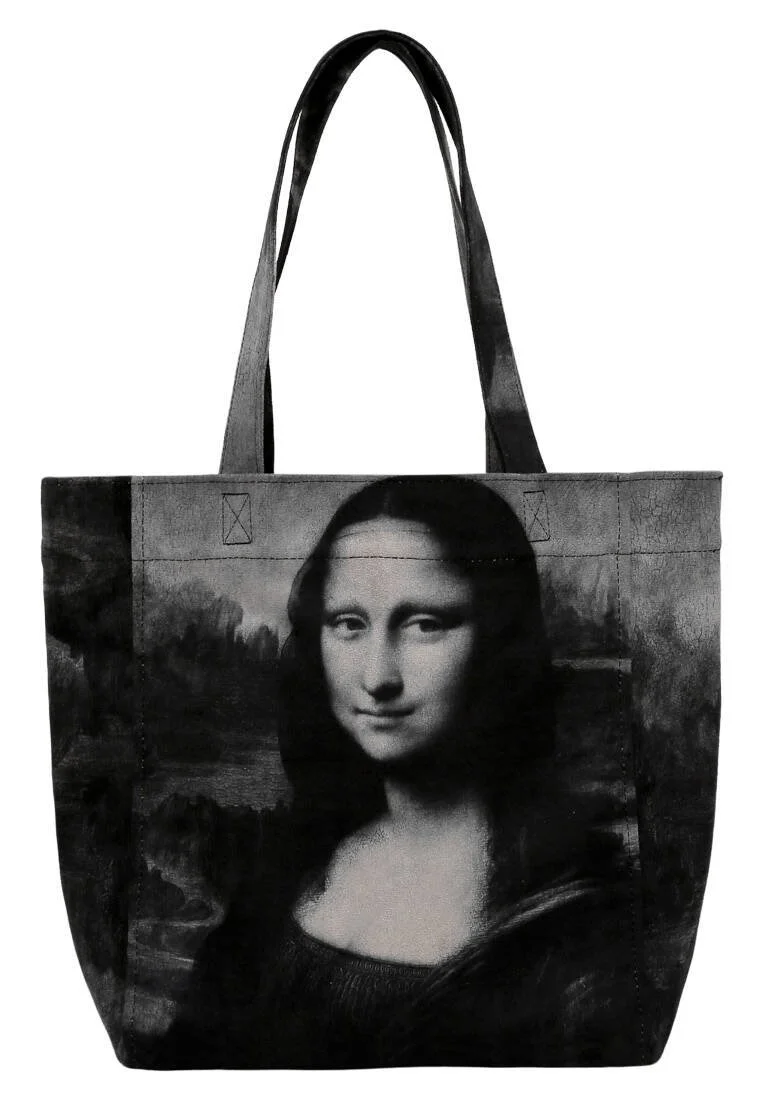 Women Vegan Black Large Tote Bag - Mona Lisa BW Design