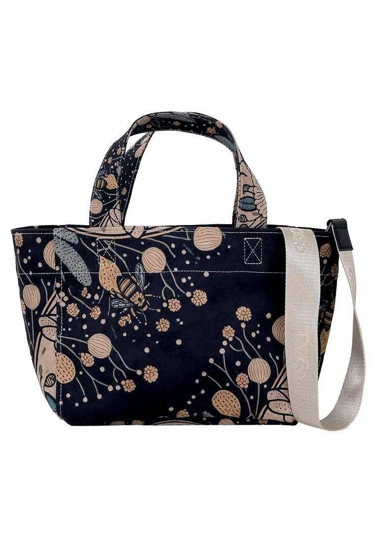 Women Vegan Leather Black Medium Tote Bag - Bee with Flowers Design