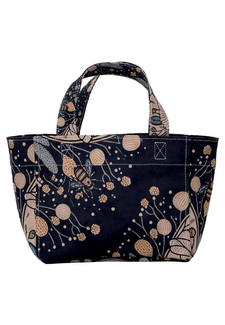 Women Vegan Leather Black Medium Tote Bag - Bee with Flowers Design