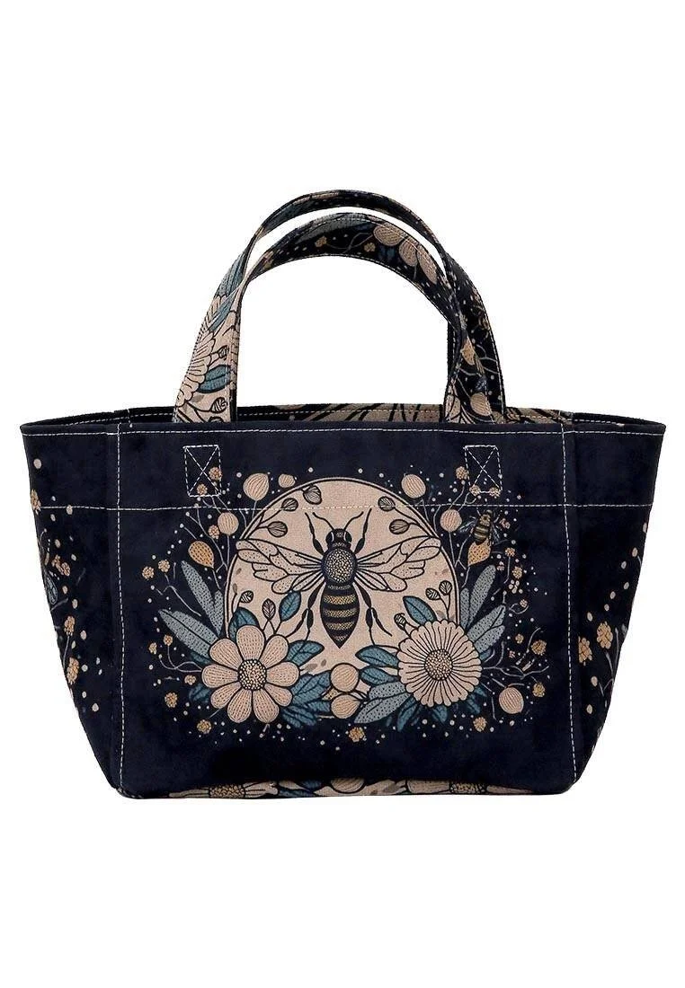 Women Vegan Leather Black Medium Tote Bag - Bee with Flowers Design