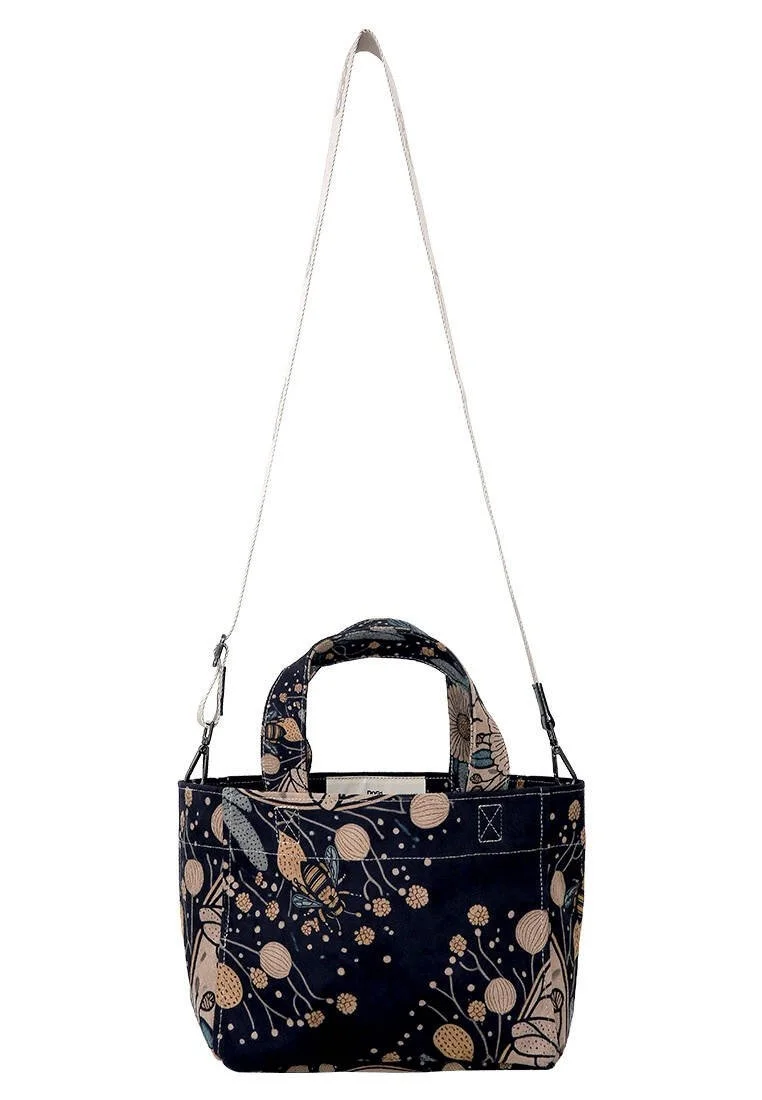 Women Vegan Leather Black Medium Tote Bag - Bee with Flowers Design