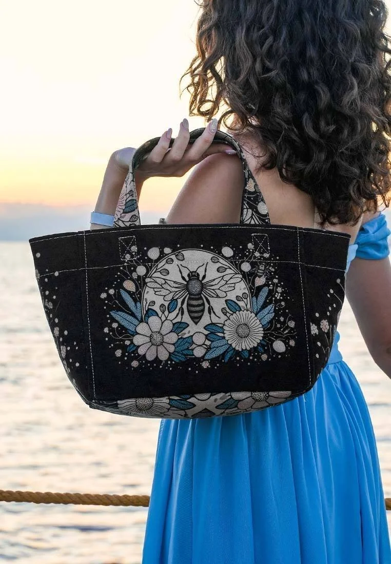 Women Vegan Leather Black Medium Tote Bag - Bee with Flowers Design