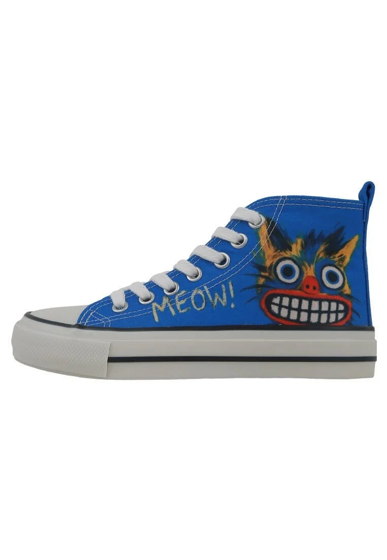 Women Vegan Blue High Top Sneakers - Meow Attack Design