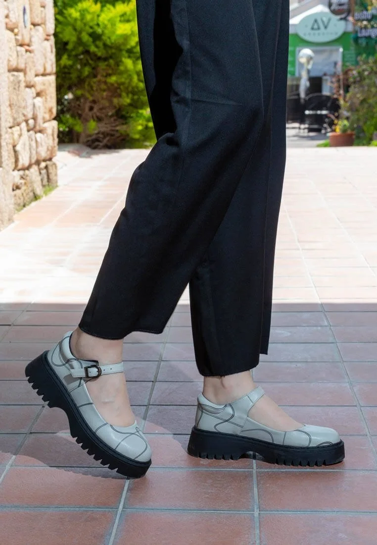 Women Vegan Leather Gray Mary Jane Loafers - Wavy Path Design