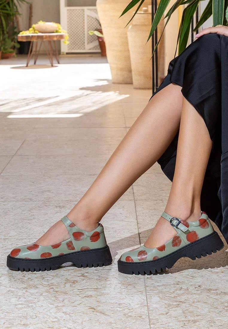 Women Vegan Leather Green Mary Jane Loafers - Brush Dots Design