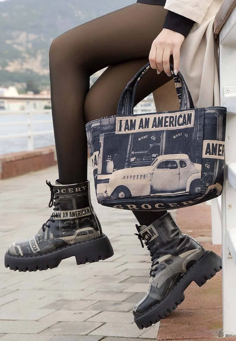 Women Vegan Grey Medium Tote Bag - I am an American Design