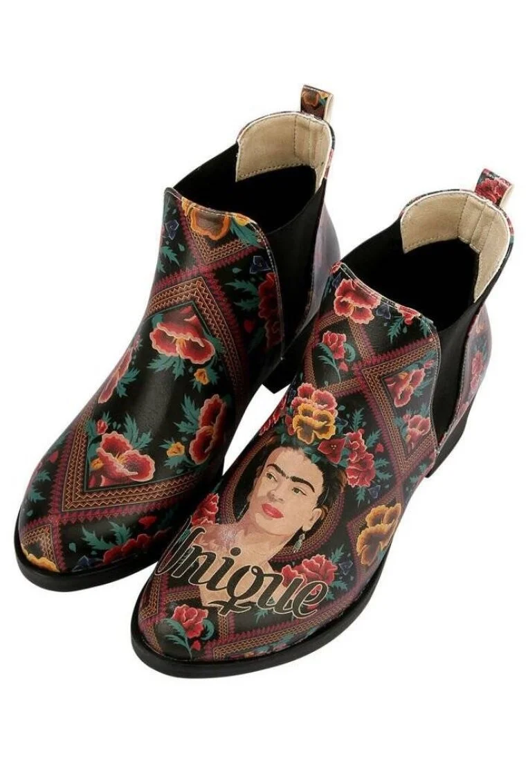 Women Vegan Leather Multicolor Ankle Boots - Beauty In The Broken Frida Kahlo Design