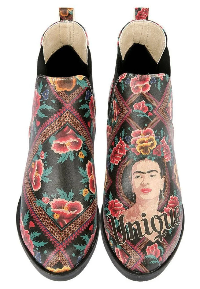 Women Vegan Leather Multicolor Ankle Boots - Beauty In The Broken Frida Kahlo Design