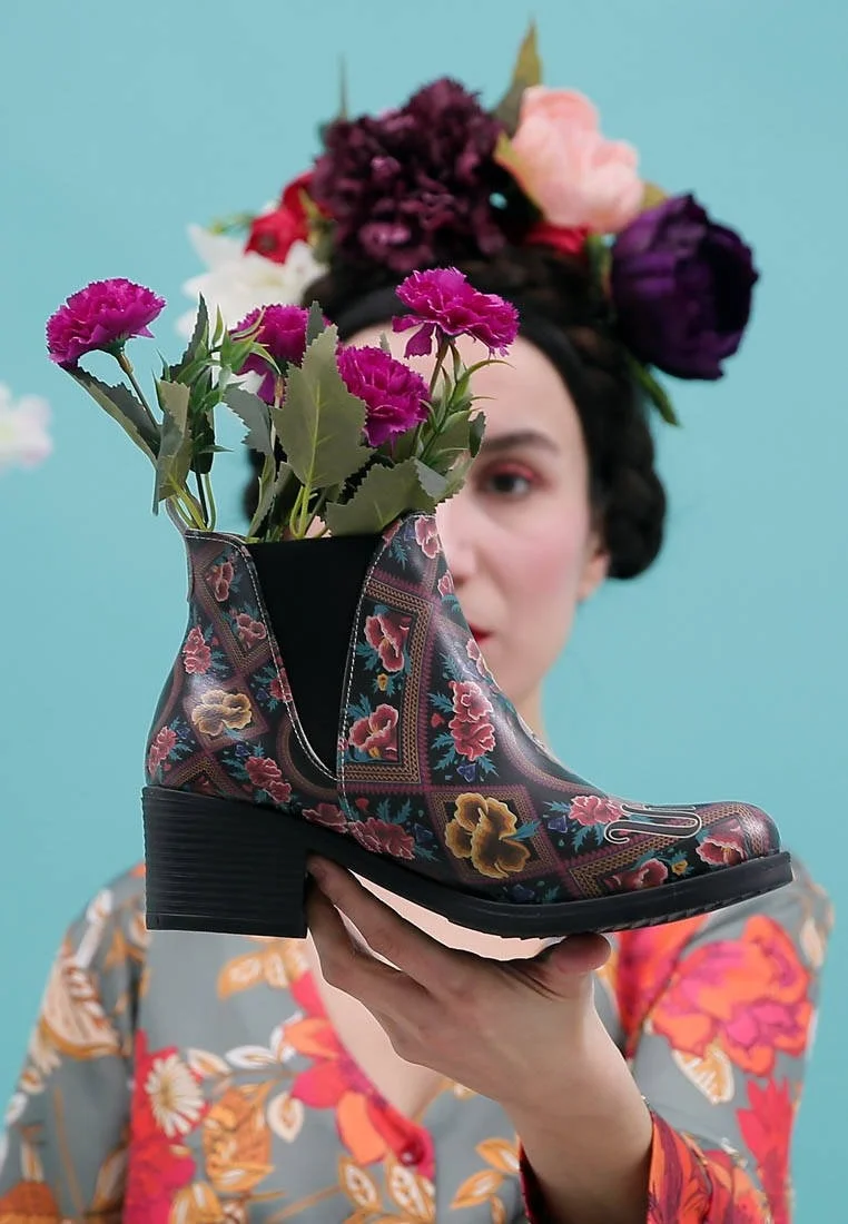Women Vegan Leather Multicolor Ankle Boots - Beauty In The Broken Frida Kahlo Design