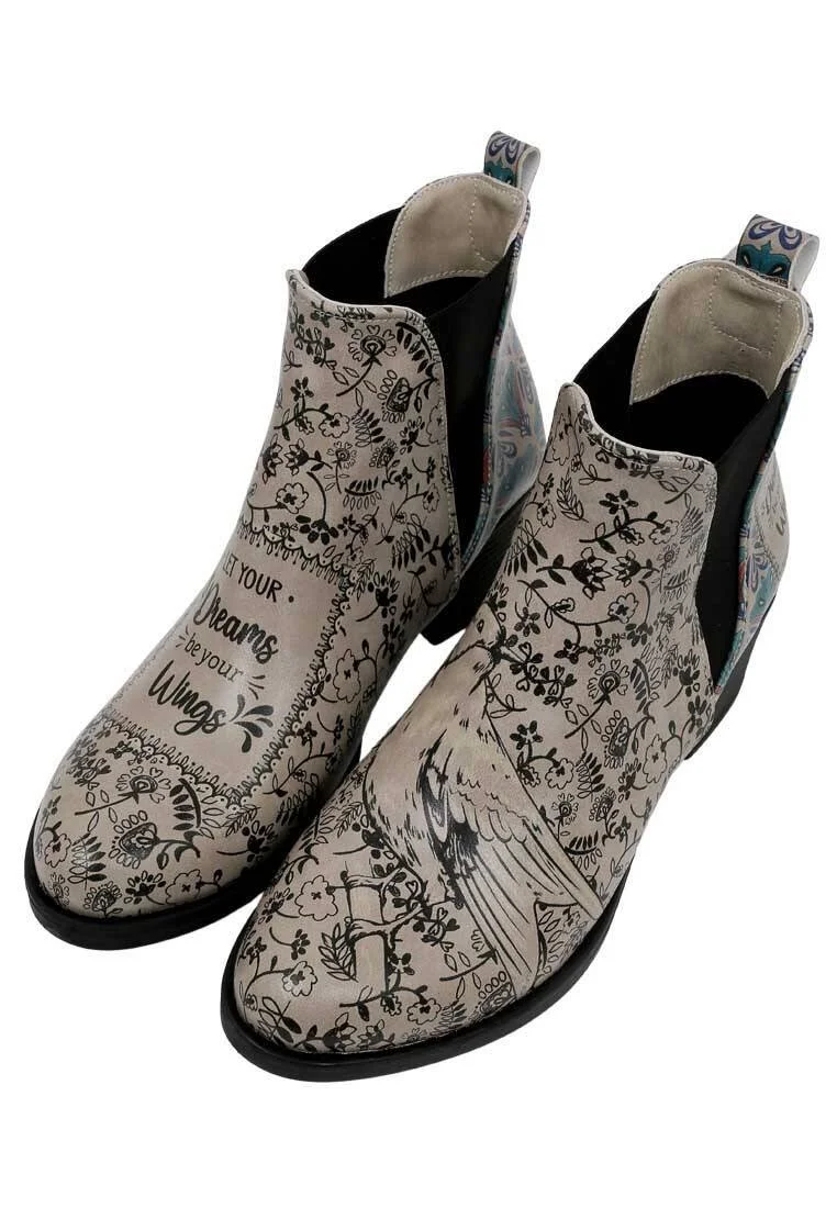 Women Vegan Leather Beige Ankle Boots - Let Your Dreams Be Your Wings Design