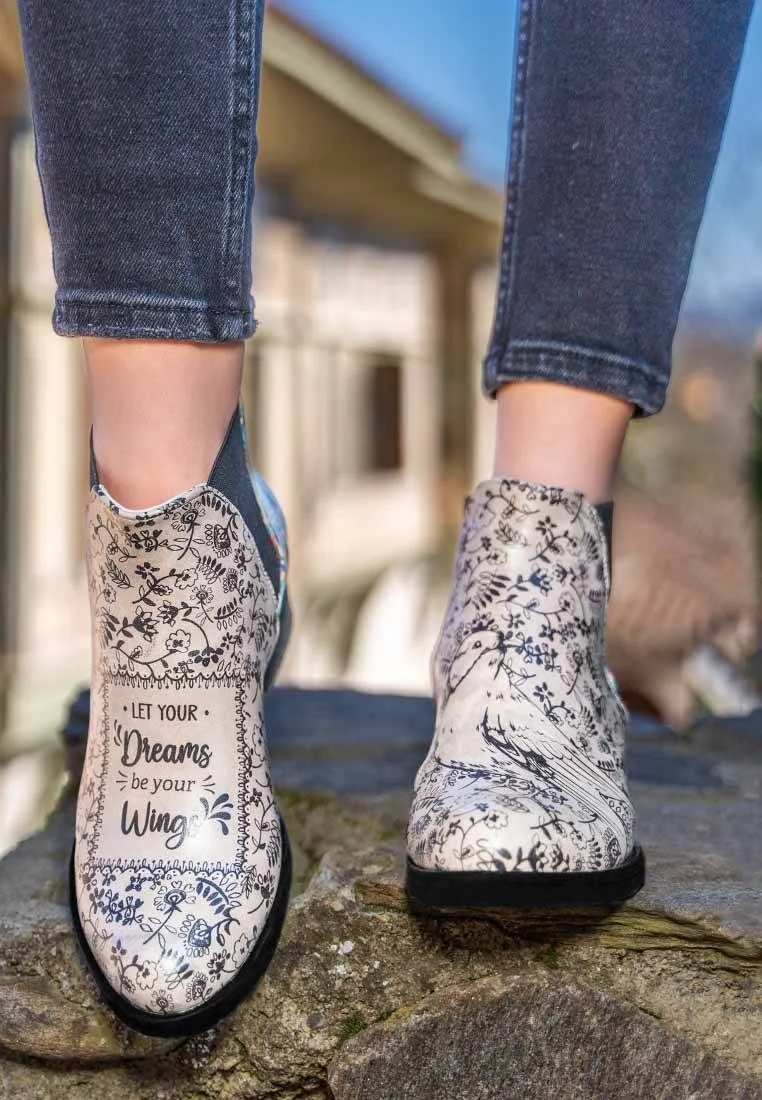 Women Vegan Leather Beige Ankle Boots - Let Your Dreams Be Your Wings Design