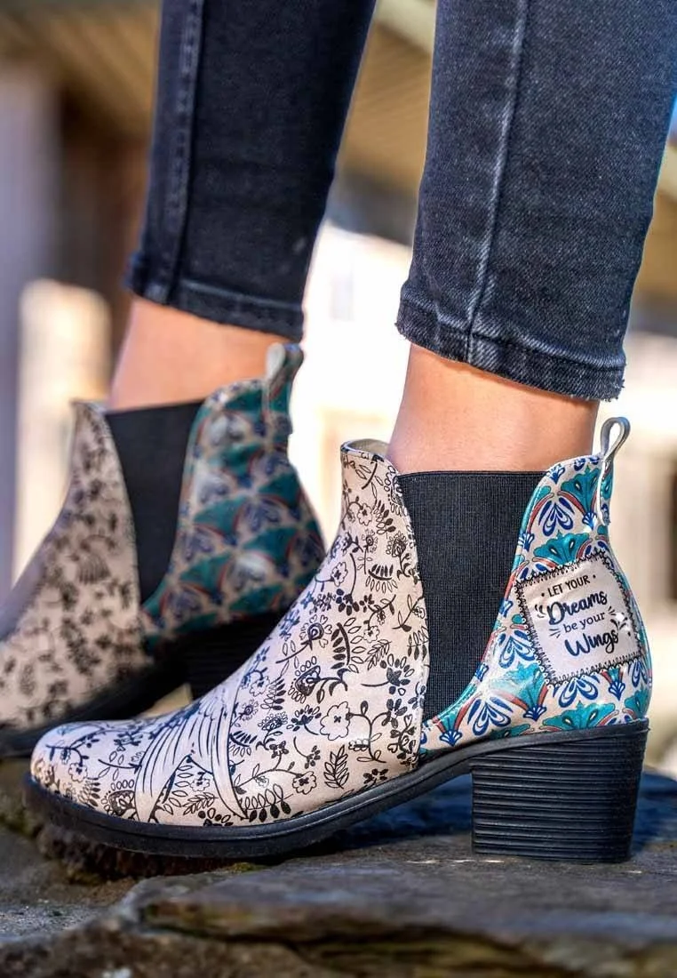 Women Vegan Leather Beige Ankle Boots - Let Your Dreams Be Your Wings Design