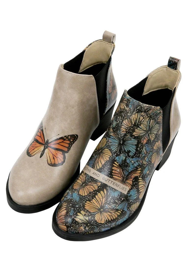 Women Vegan Leather Beige Ankle Boots - Moths and Butterflies Design