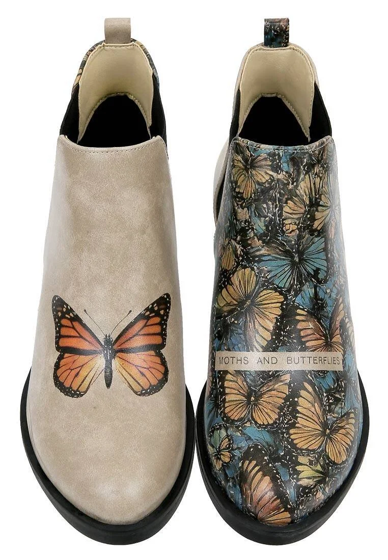 Women Vegan Leather Beige Ankle Boots - Moths and Butterflies Design
