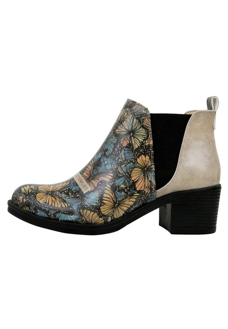 Women Vegan Leather Beige Ankle Boots - Moths and Butterflies Design