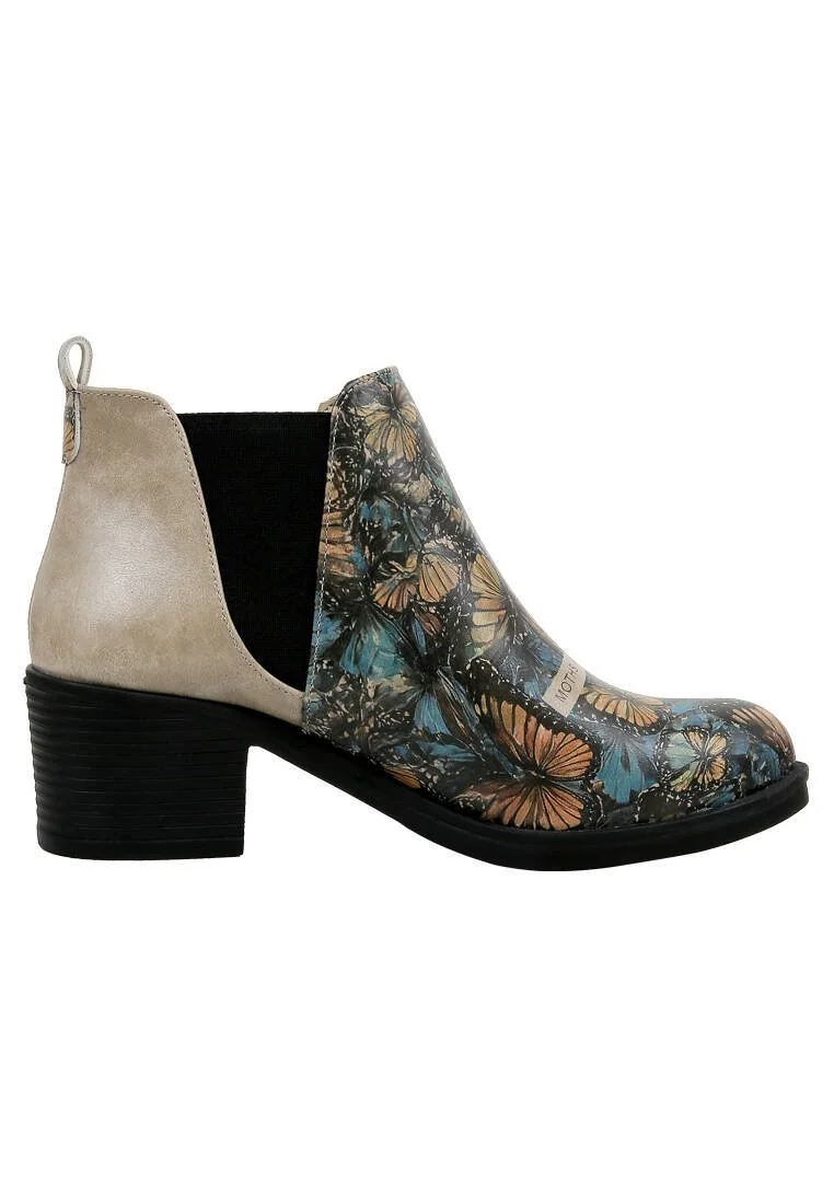 Women Vegan Leather Beige Ankle Boots - Moths and Butterflies Design