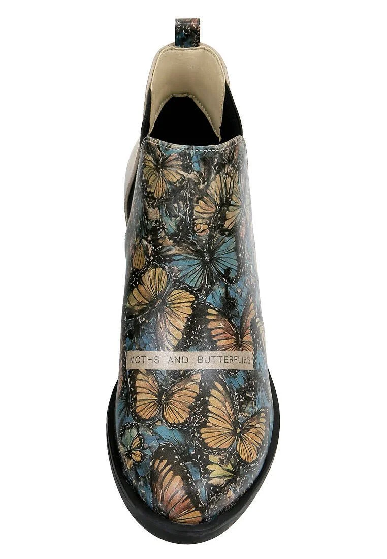 Women Vegan Leather Beige Ankle Boots - Moths and Butterflies Design