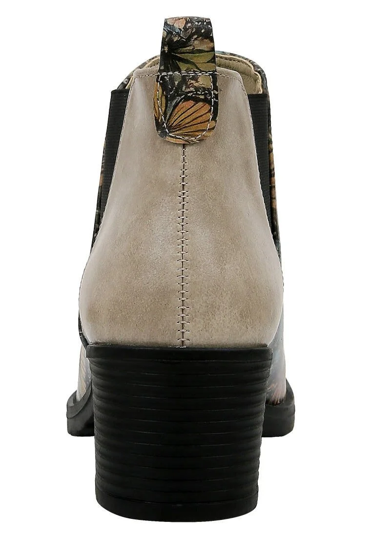 Women Vegan Leather Beige Ankle Boots - Moths and Butterflies Design
