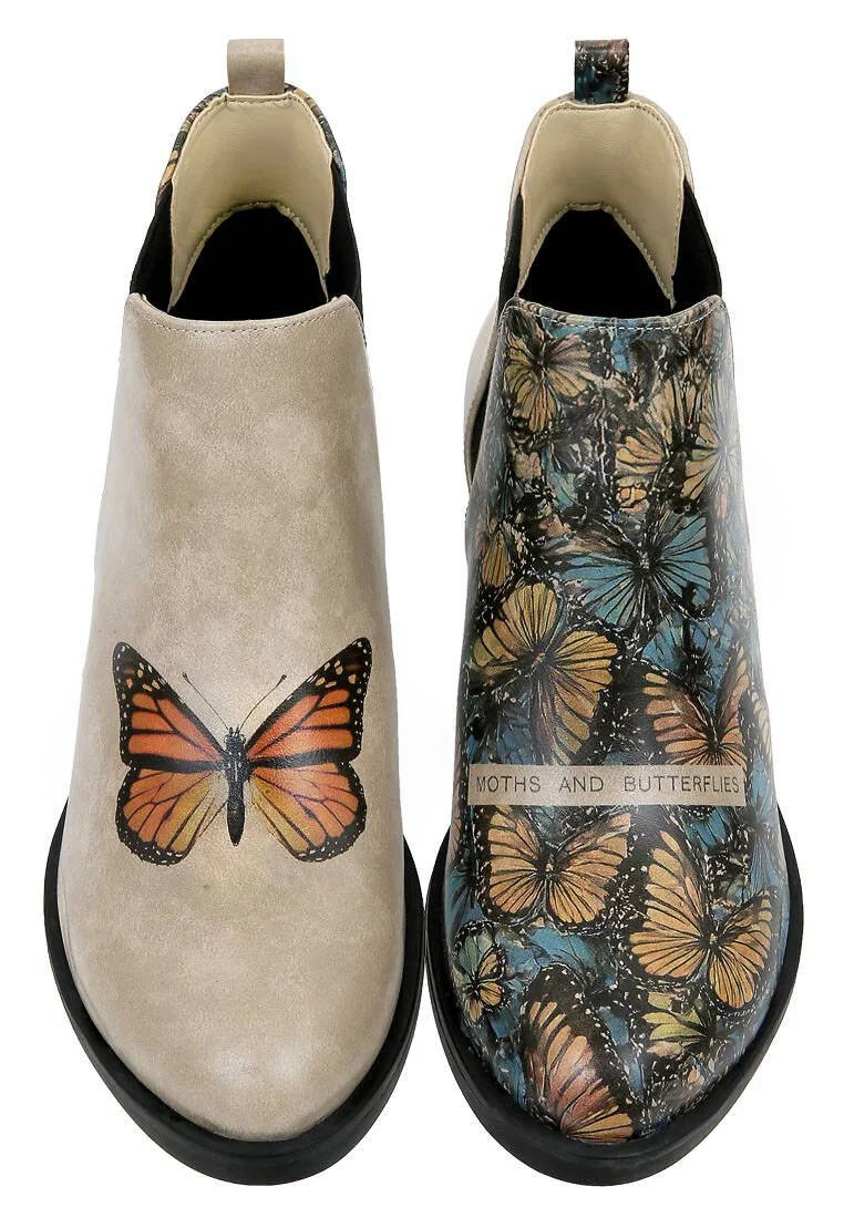 Women Vegan Leather Beige Ankle Boots - Moths and Butterflies Design