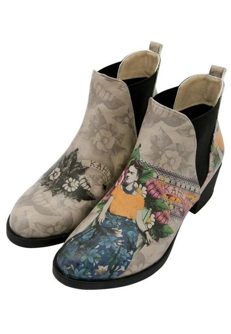 Women Vegan Leather Beige Ankle Boots - A Flower From The Past Frida Kahlo Design