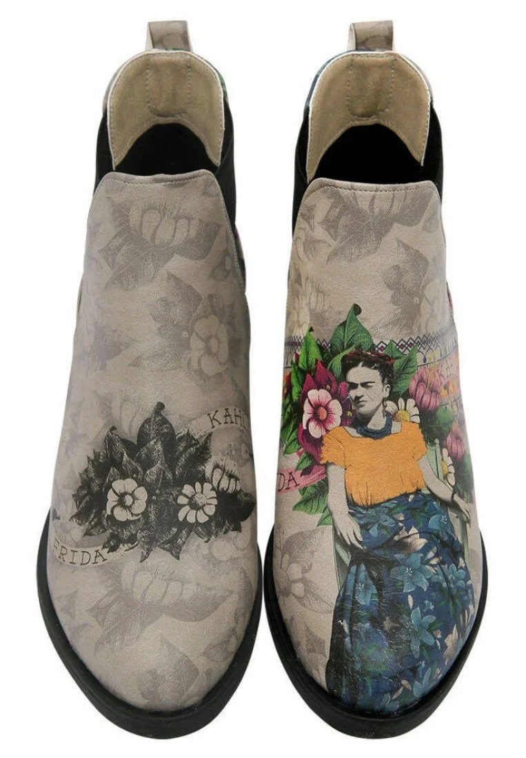 Women Vegan Leather Beige Ankle Boots - A Flower From The Past Frida Kahlo Design