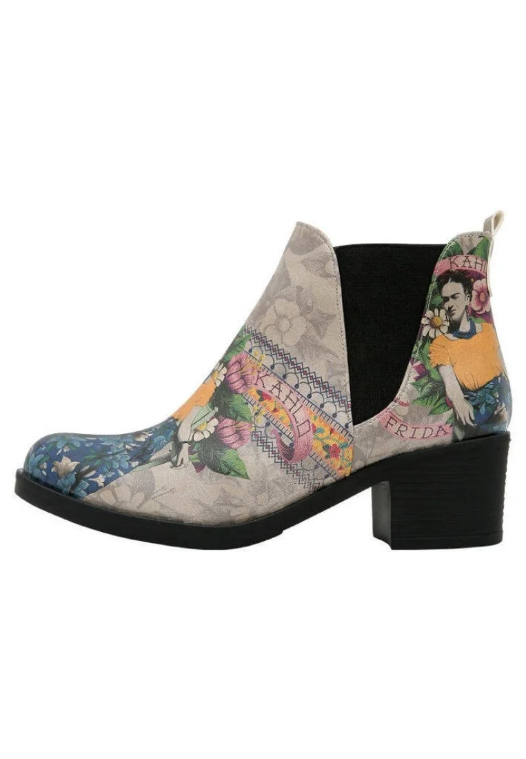 Women Vegan Leather Beige Ankle Boots - A Flower From The Past Frida Kahlo Design