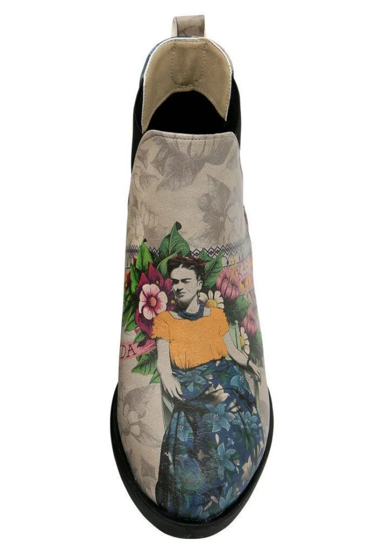 Women Vegan Leather Beige Ankle Boots - A Flower From The Past Frida Kahlo Design
