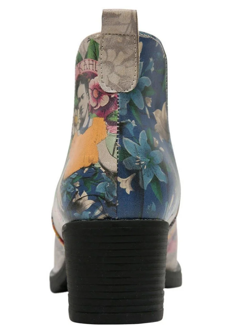 Women Vegan Leather Beige Ankle Boots - A Flower From The Past Frida Kahlo Design