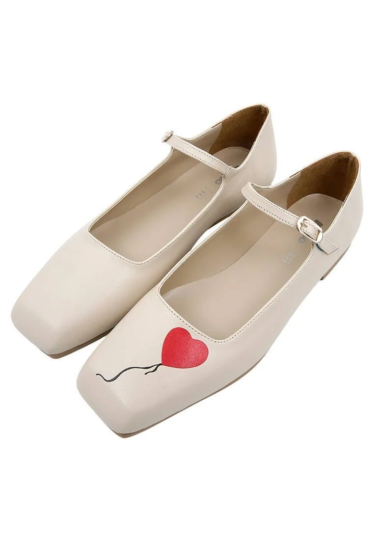 Women Vegan Leather Beige Ballerinas - Heart of the Balloon Design