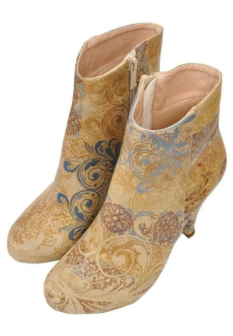 Women Vegan Leather Beige Bootie - Floral Yellow Design