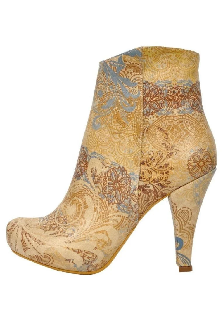Women Vegan Leather Beige Bootie - Floral Yellow Design