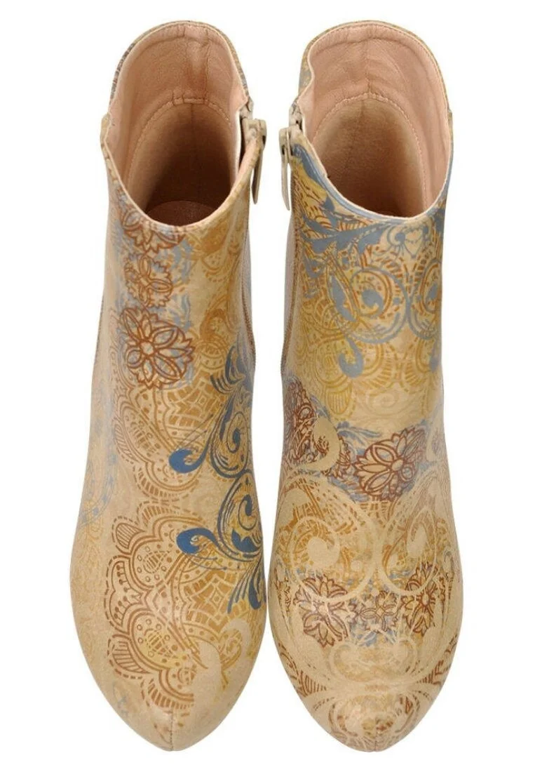 Women Vegan Leather Beige Bootie - Floral Yellow Design
